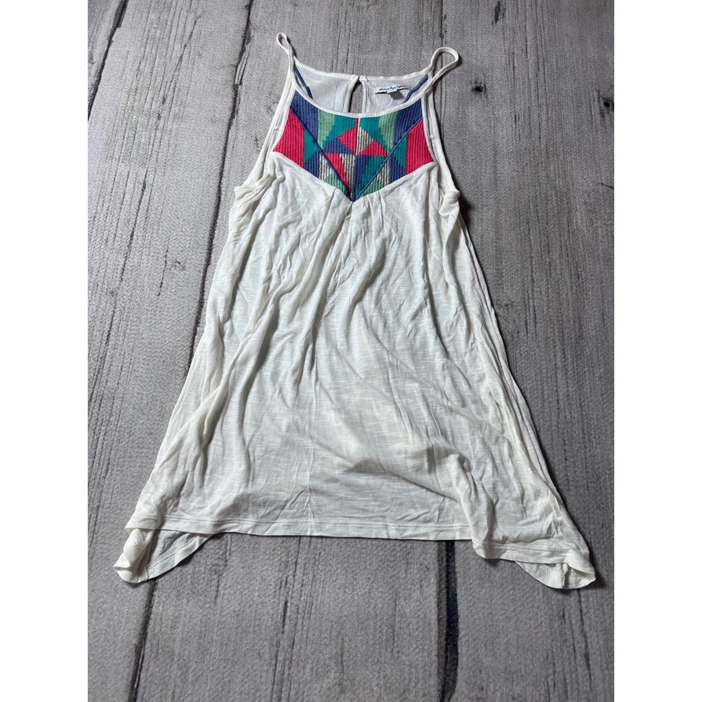 American Eagle Tank Top Womens M White Embroidered‎ Boho Sharkbite Hem Viscose
